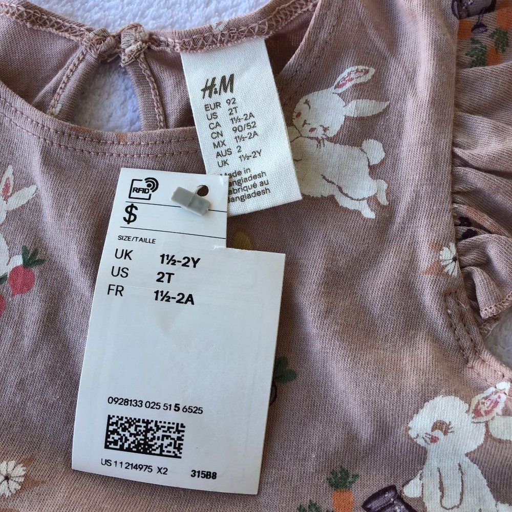 H & M Girls Dress Dusty Rose Pink/White Bunnies Flutter Cap Sleeves Size 2T - Picture 8 of 8